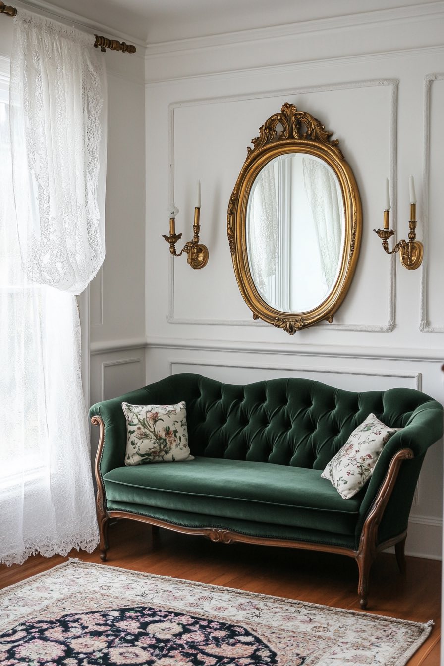 Velvet Settee and Gilded Mirror