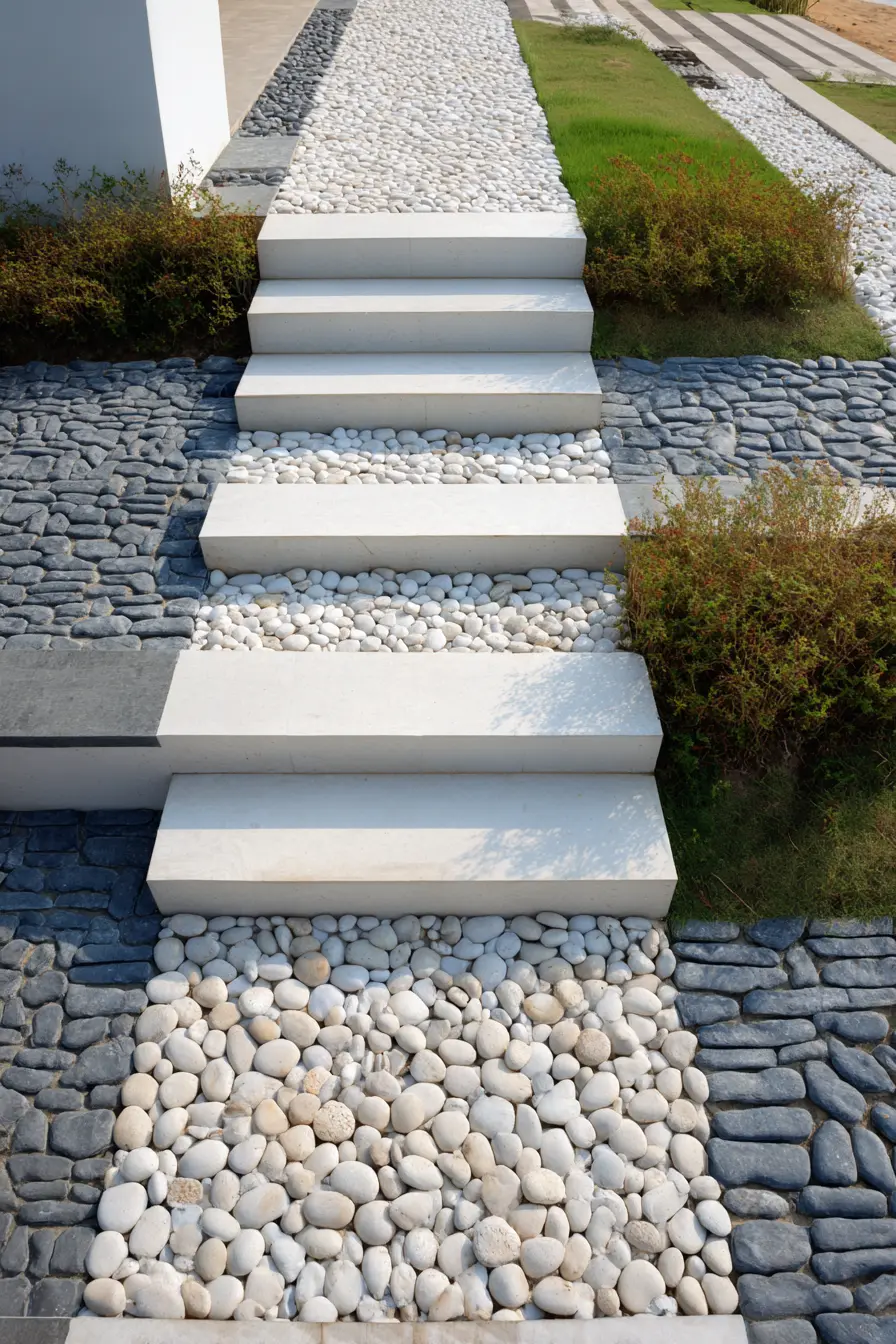 Concrete Steps with Pebble Borders