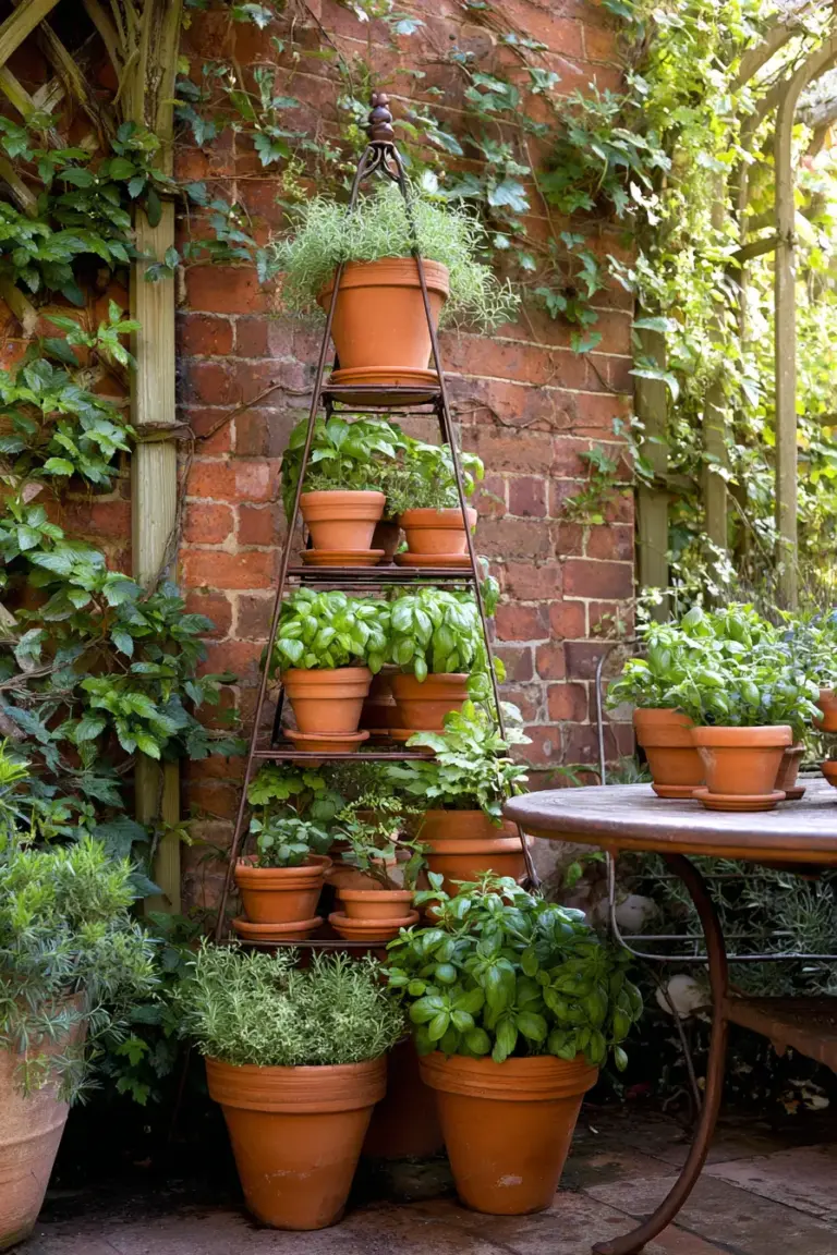 Clay pot craft ideas with terracotta pots arranged on a tiered metal plant stand against a wall