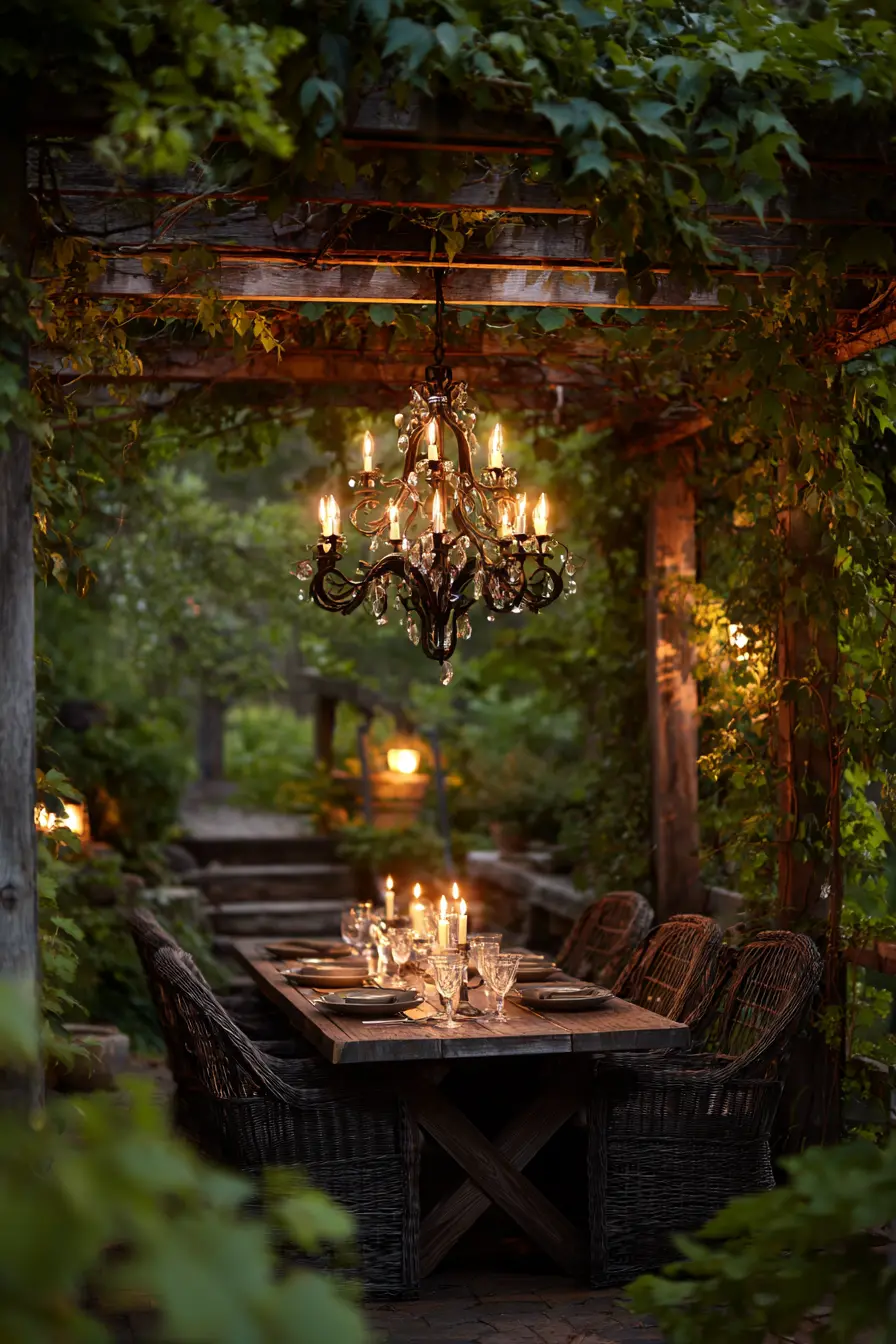 Traditional Outdoor Chandelier with Candles and Foliage