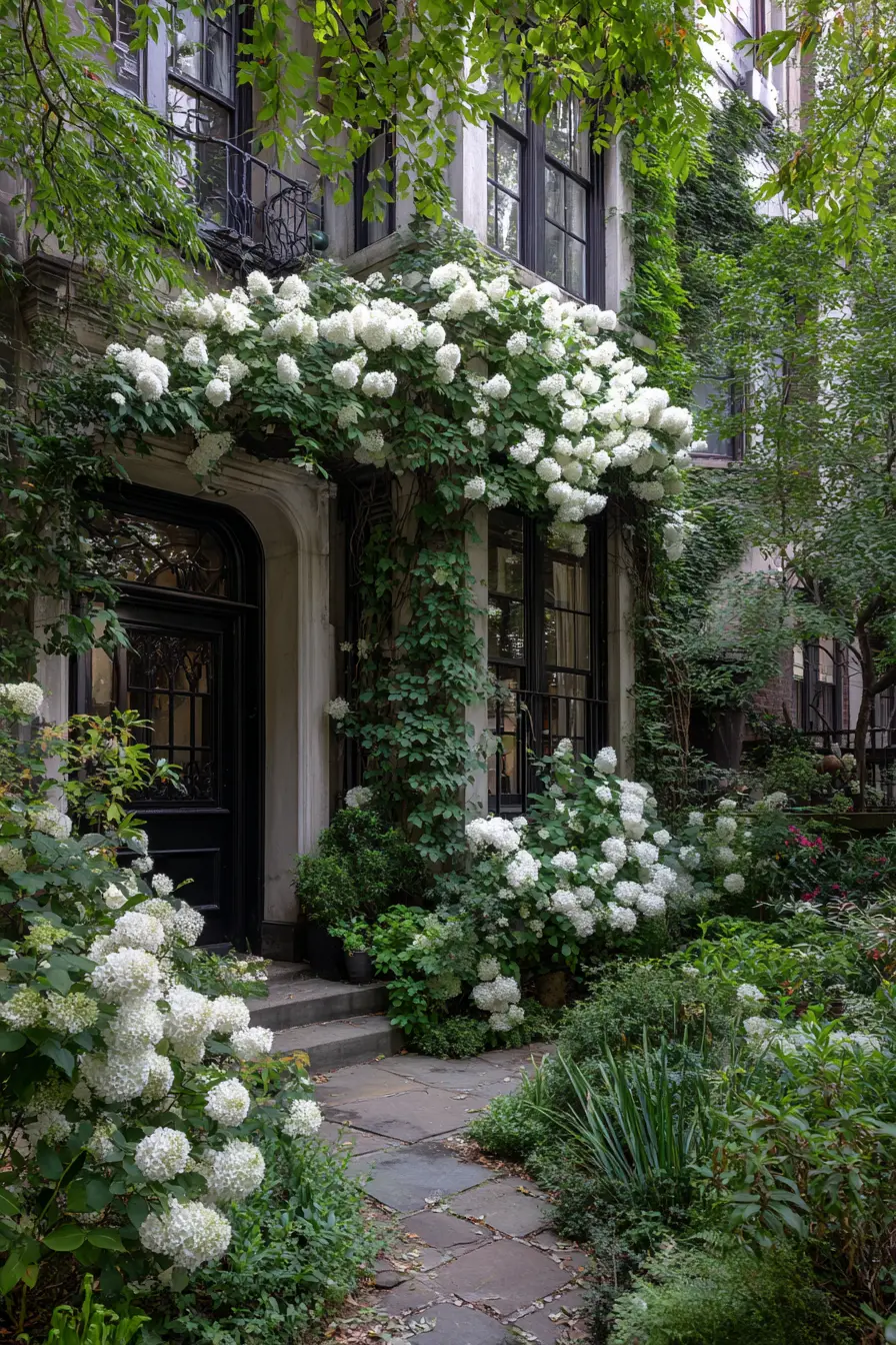 Urban Jungle with Climbing Hydrangeas and Hostas with White Blooms