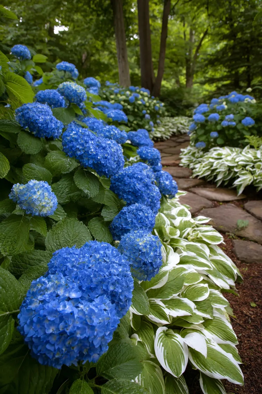 Fresh and Clean with Blue Hydrangeas and Solid-Colored Hostas