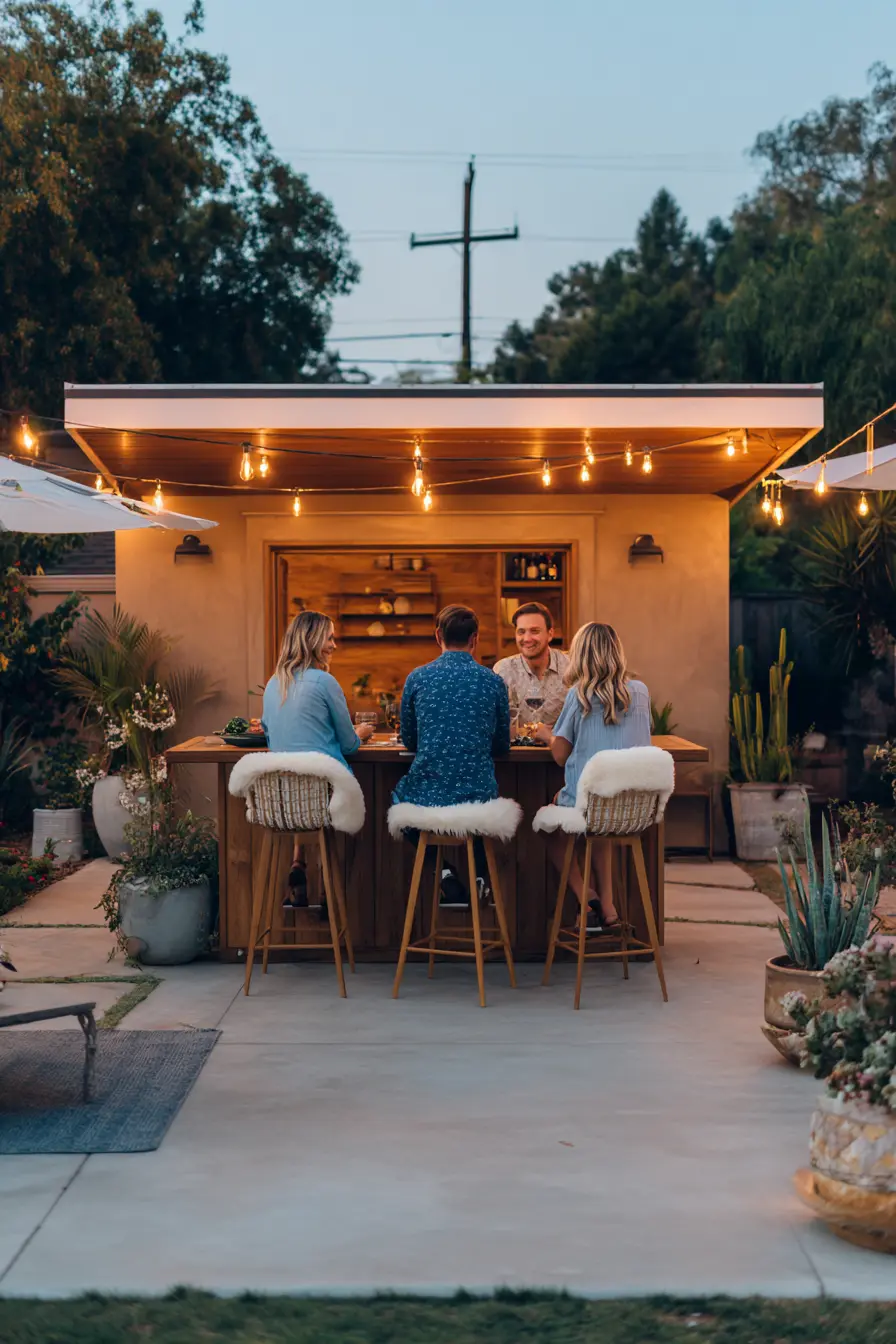 Patio Bar with Stools and Twinkling Lights