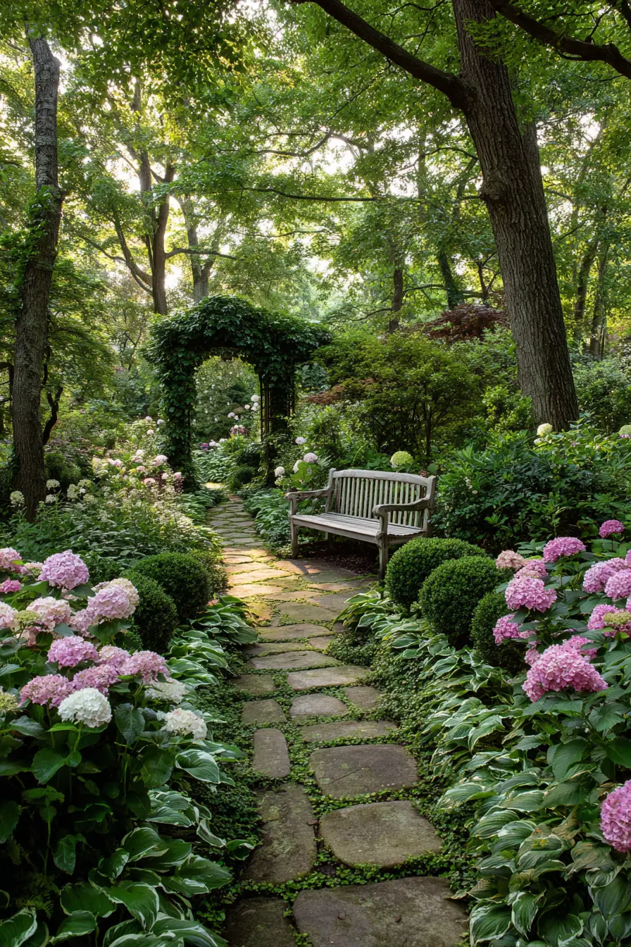 Fairytale Garden with Pink Hydrangeas and Ruffled Hostas