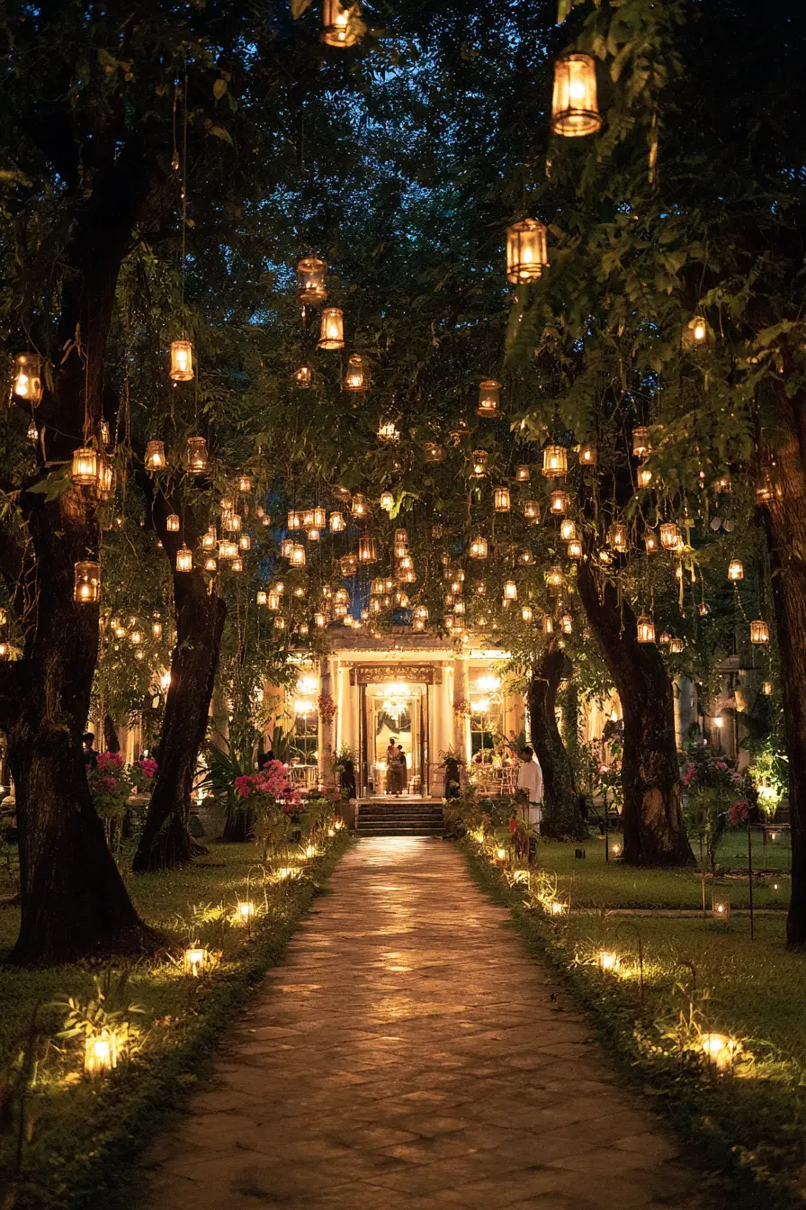 Outdoor Foyer with Hanging Lanterns in a Circular Pattern