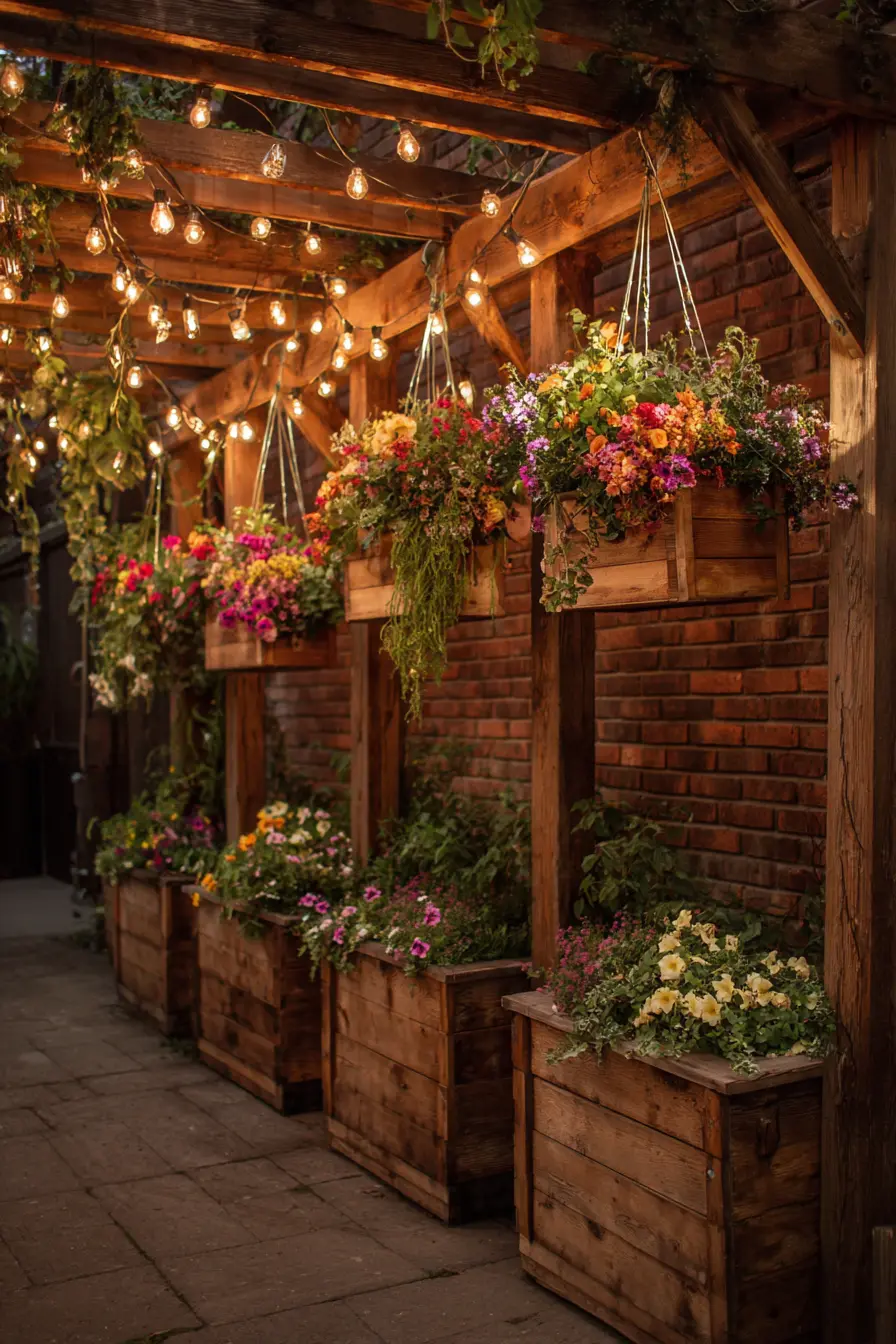 Hanging Wooden Planters with Fairy Lights and Flowers