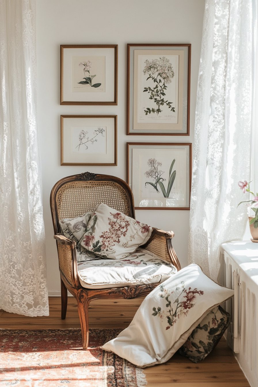 Victorian Cane Chair and Botanical Prints