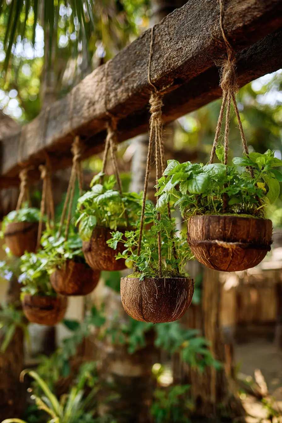 Hanging Coconut Shell Herb Planters
