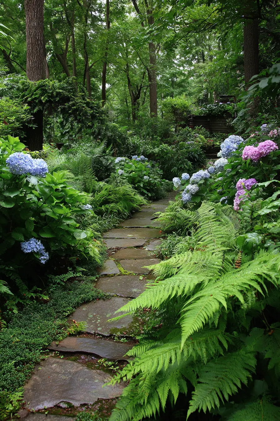 Hydrangeas in a Shady Woodland Garden