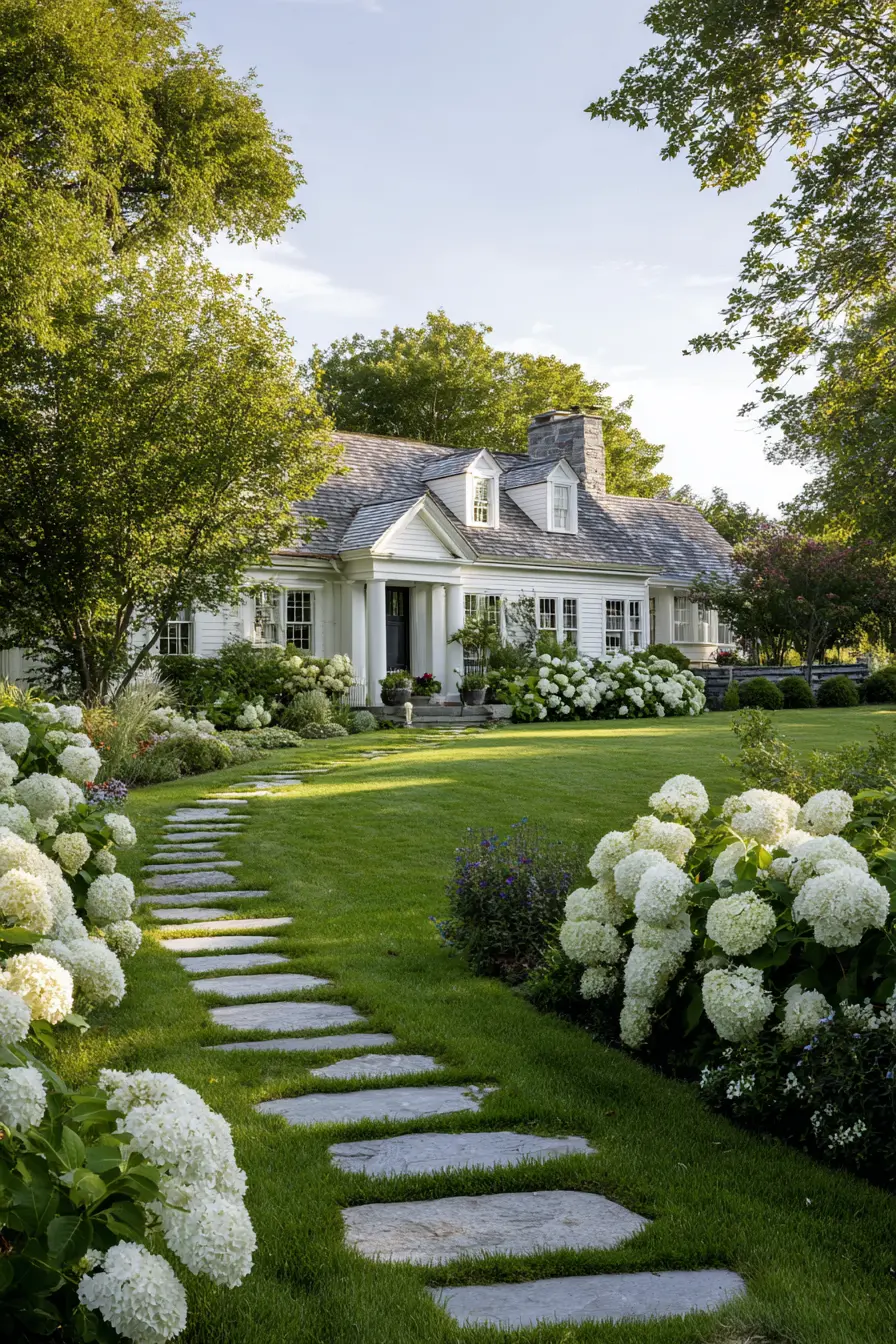 Modern Farmhouse with Panicle Hydrangeas and Giant Hostas