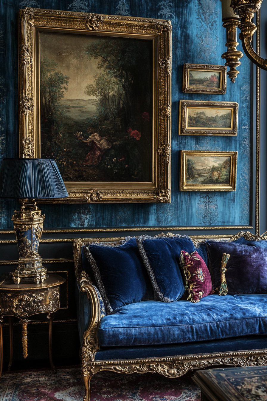 Gold Leaf Frames and Velvet Throw Pillows
