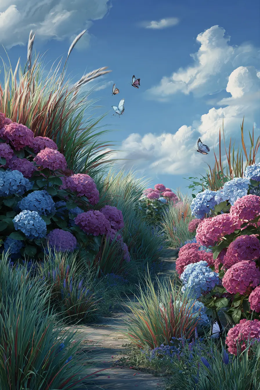 Hydrangea Border with Ornamental Grasses