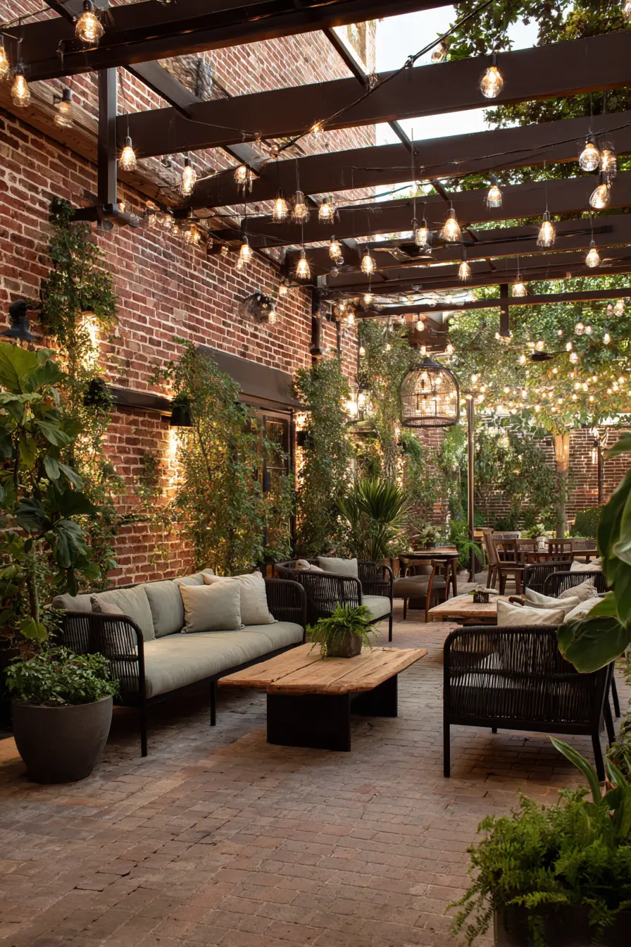 Urban Oasis with Hanging Industrial Lights