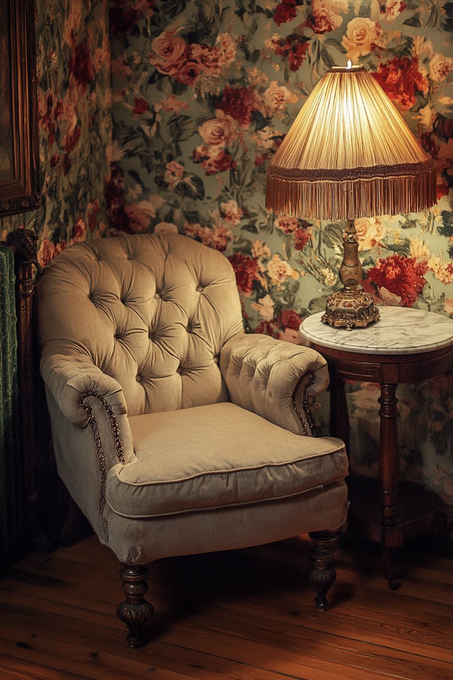 Button-Tufted Armchair and Side Table Pair