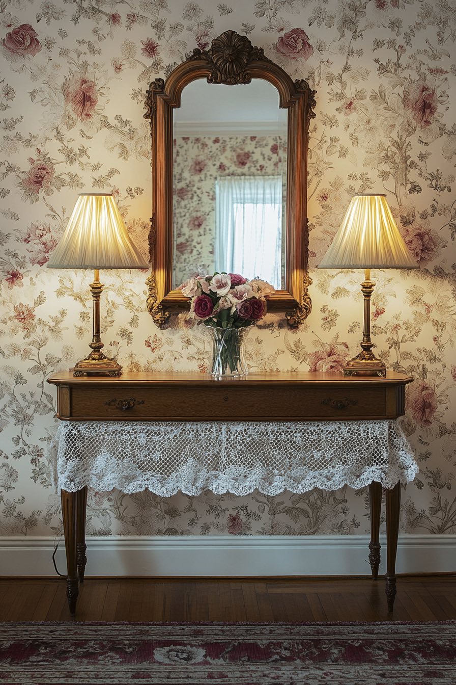 Frilled Lampshade and Carved Mirror Set