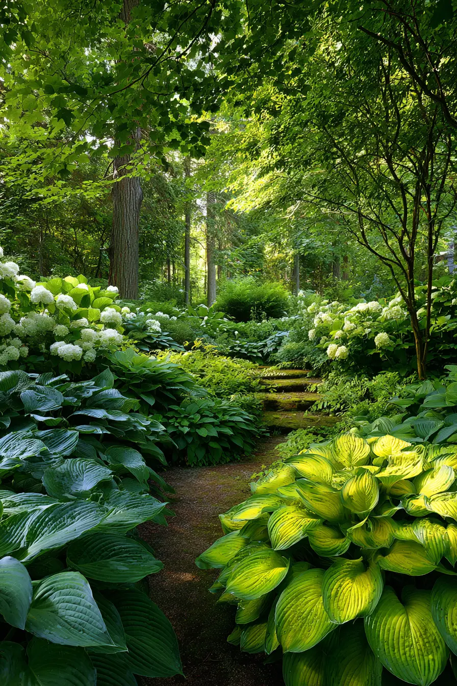 Woodland Oasis with Bigleaf Hydrangeas and Golden Hostas