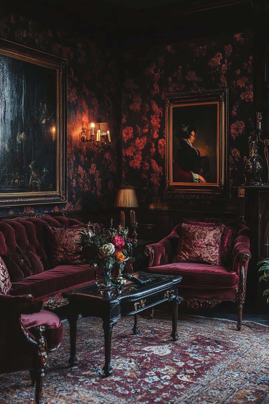 Dark Floral Wallpaper and Antique Accents