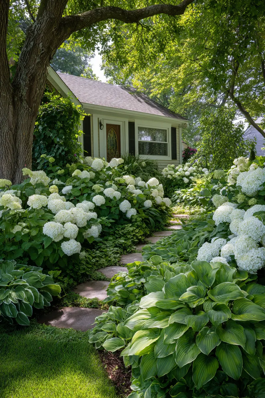 Modern Minimalist with Oakleaf Hydrangeas and Compact Hostas