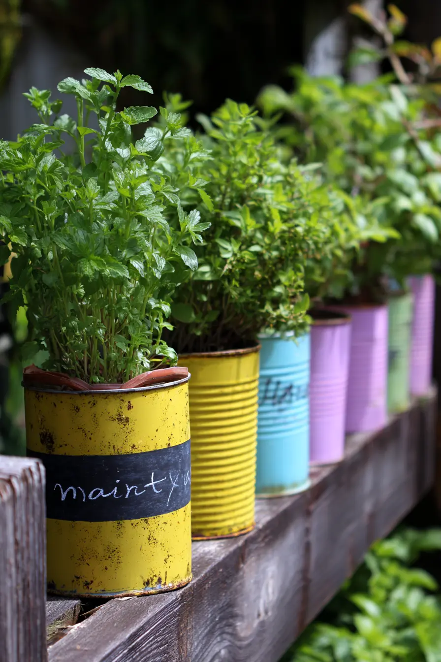 Herbs in Painted Tin Cans