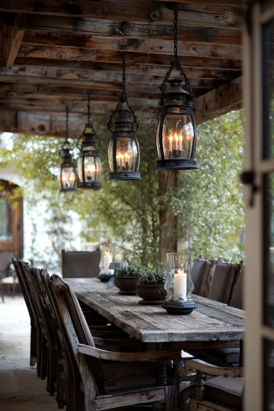 Rustic Wooden Chandelier with Lantern-Style Lights
