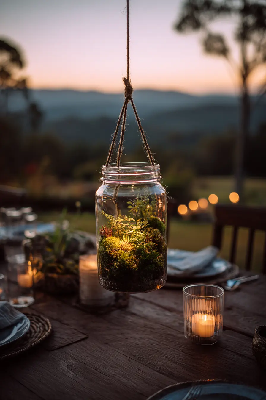 Hanging Terrariums with Candles and Greenery