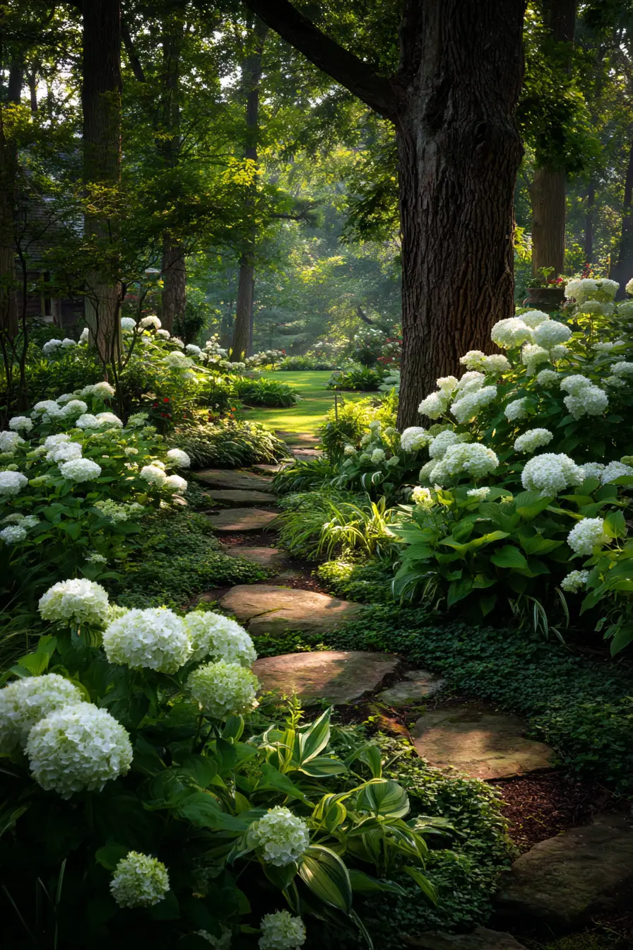Rustic Charm with Annabelle Hydrangeas and Giant Hostas