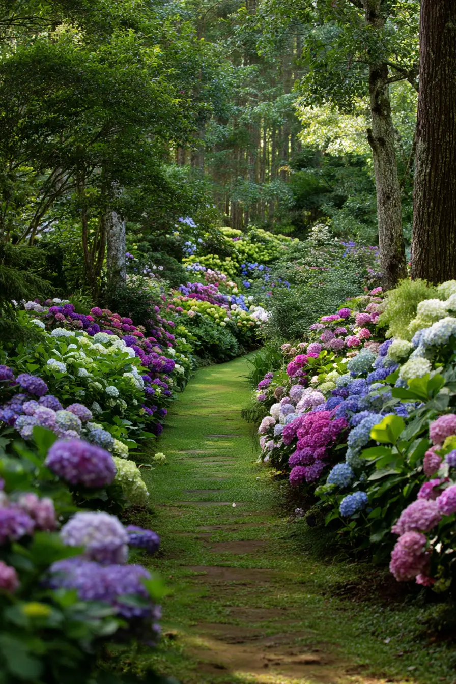 English Garden with Mophead Hydrangeas and Leafy Hostas