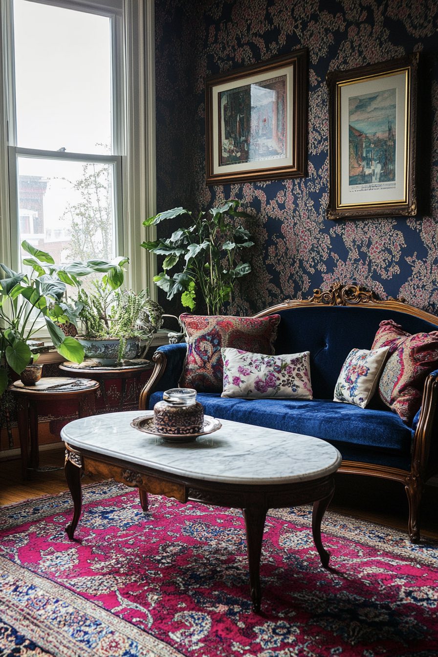 Marble-Top Coffee Table and Oriental Rug