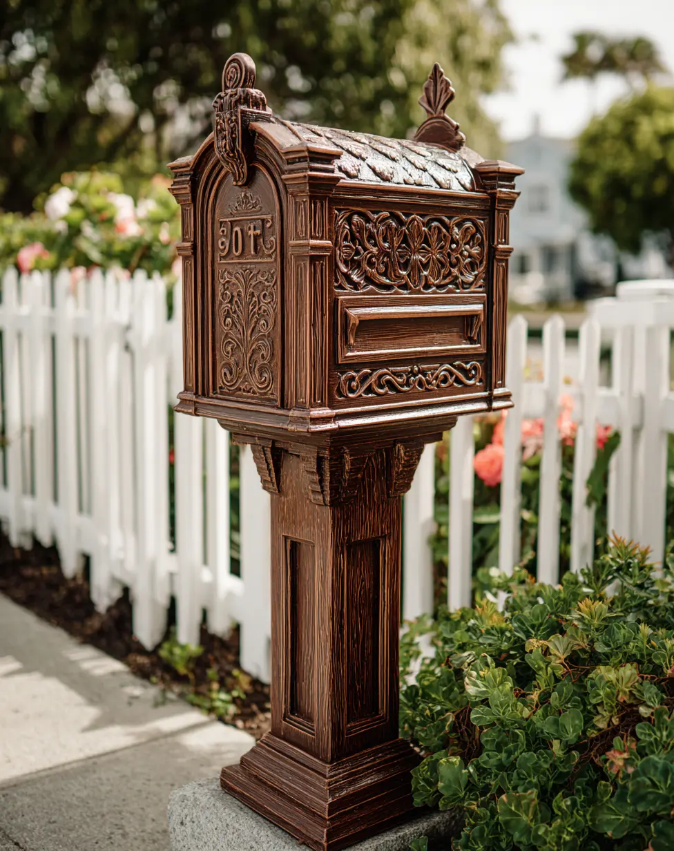 Wooden Mailbox with Carved Detail