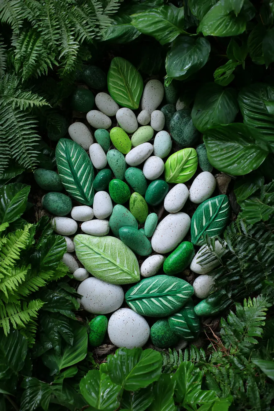 Hand-Printed Leaf Designs on Rocks