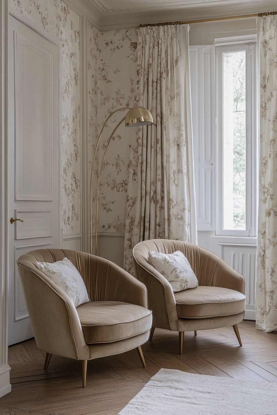 High-Back Chairs and Brass Floor Lamp