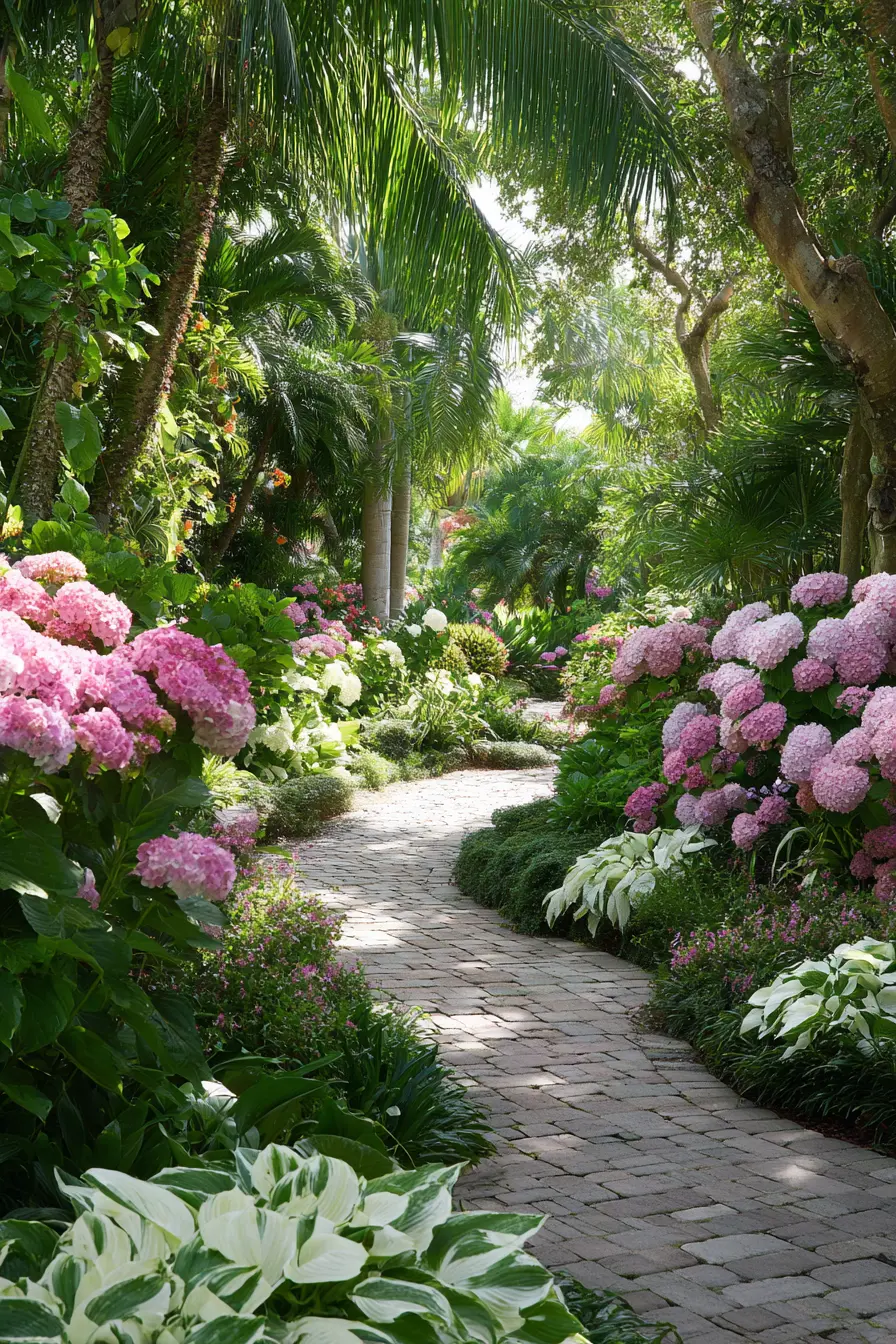Tropical Oasis with Pink Hydrangeas and Patterned Hostas