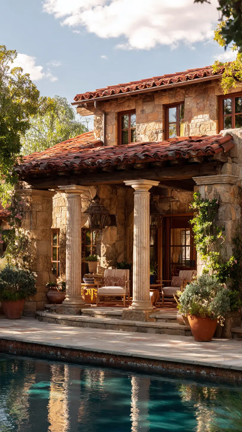 Mediterranean-Style Pergola with Stone and Tile Accents