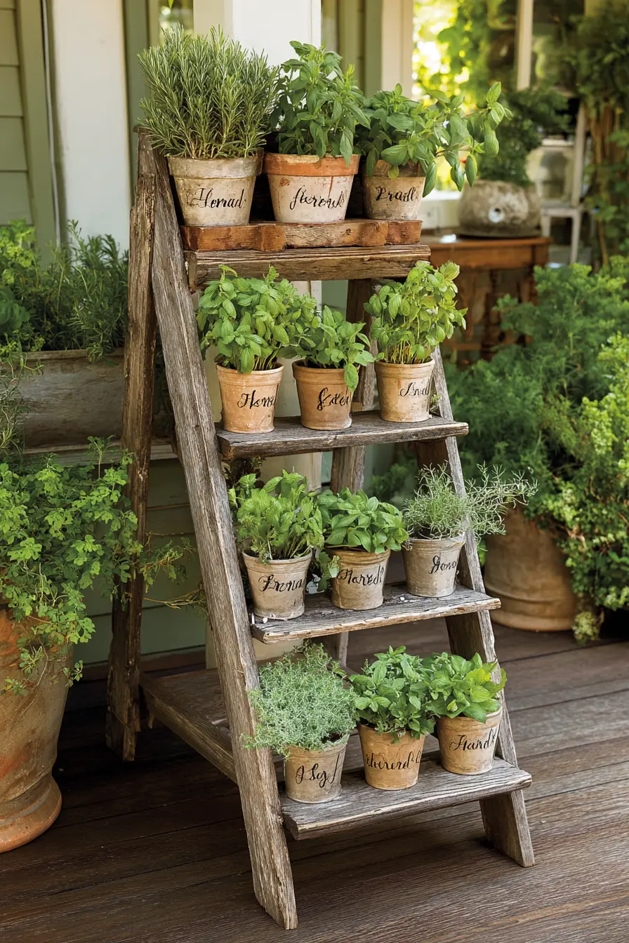 Rustic Ladder Shelf Herb Stand