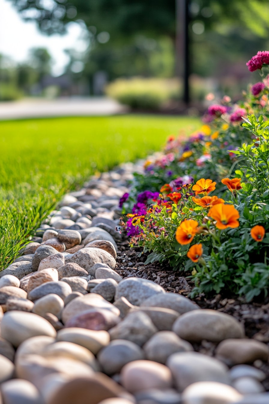 River Rock Edging with Bright Floral Contrast