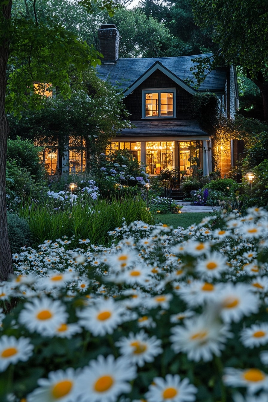Bird-Friendly Garden with Daisies and Soft Lighting