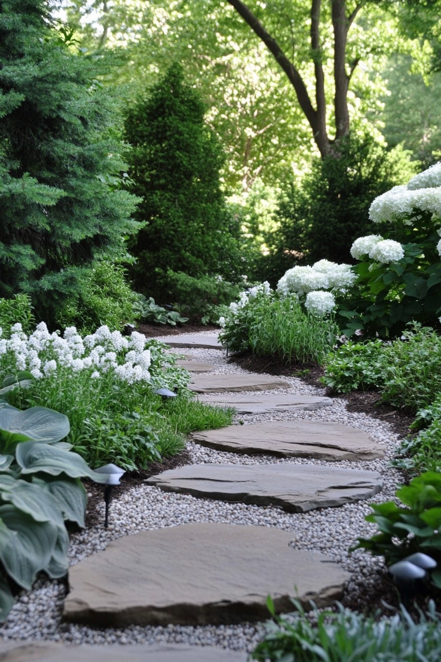 Shaded Rock Path with White Blooms