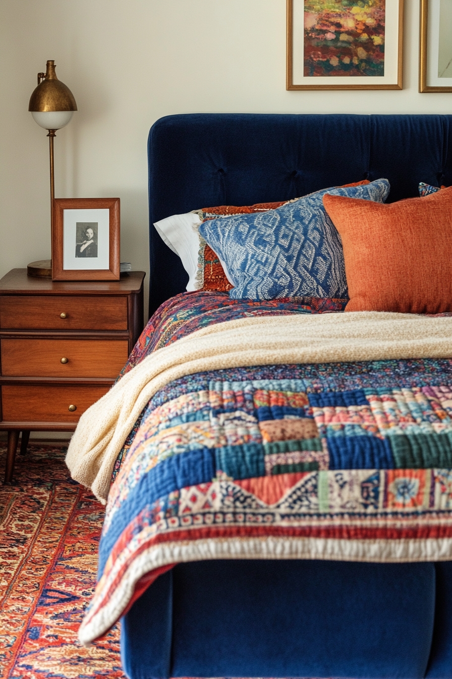 15. Elevate Comfort with Bold Colors and Textures in a Rustic Bedroom