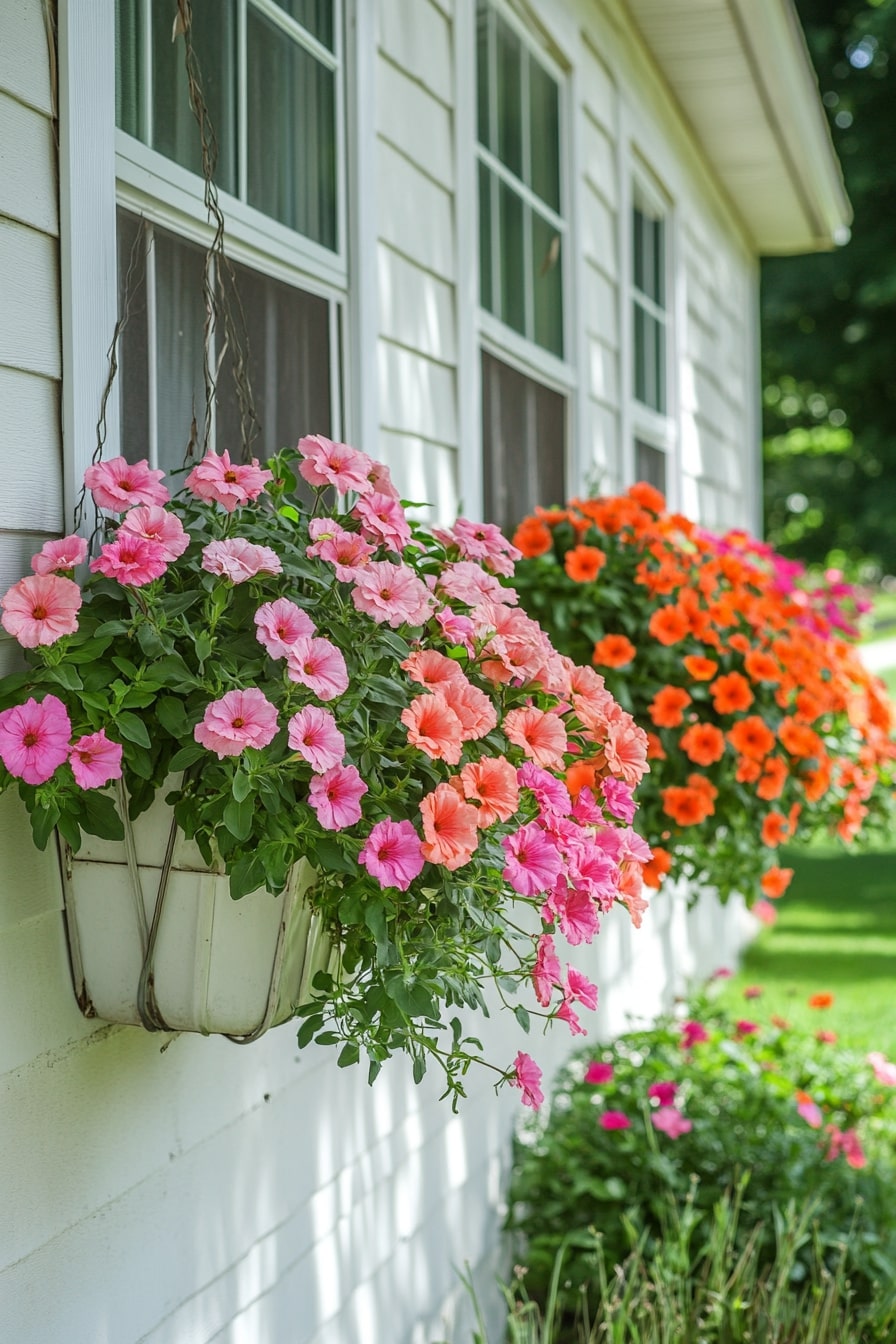 Hanging Window Boxes with Bright Petunias