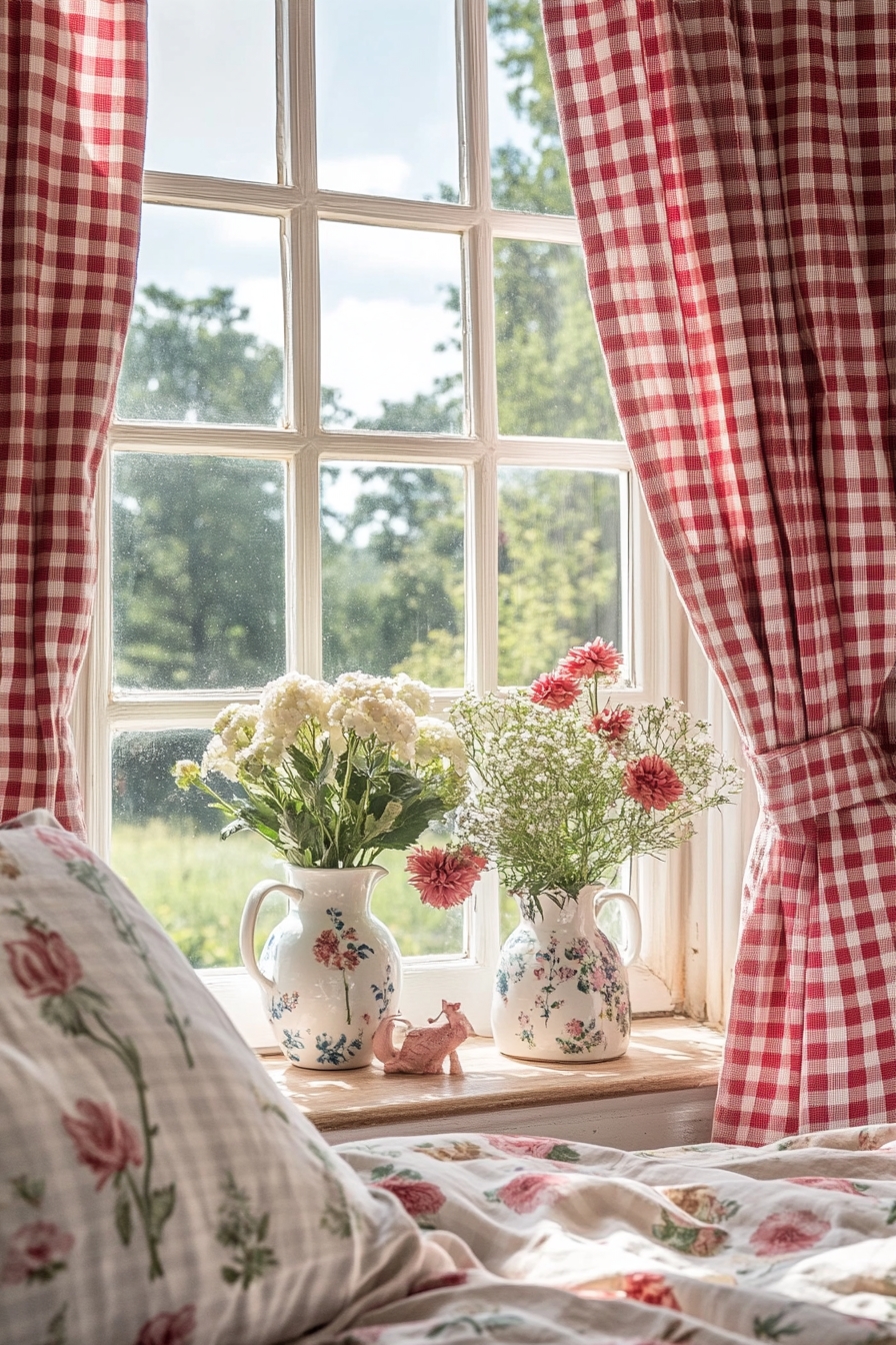 7. Infuse Country Charm Through Gingham Curtains and Floral Decor
