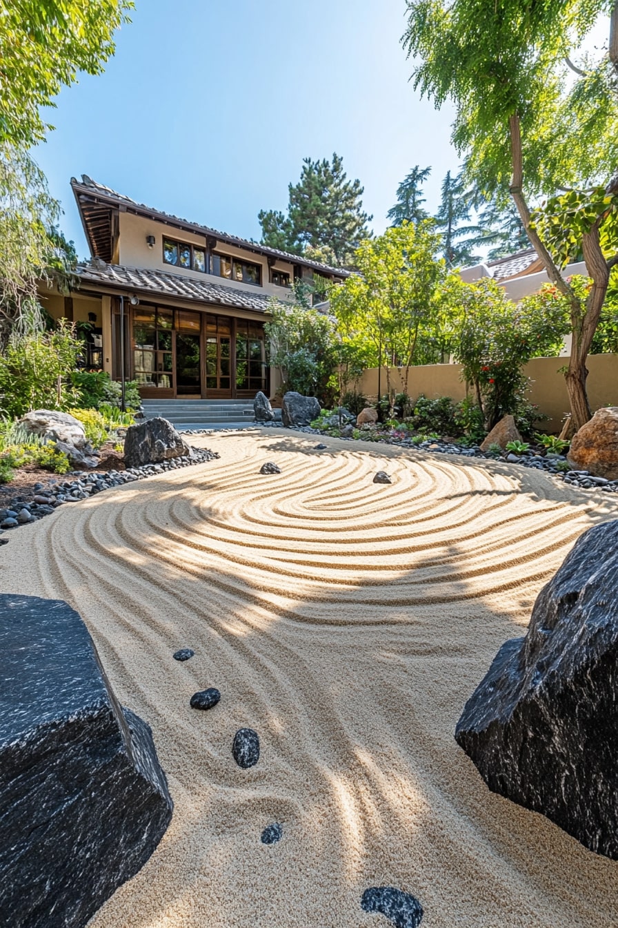 Japanese Zen Garden with Raked Sand