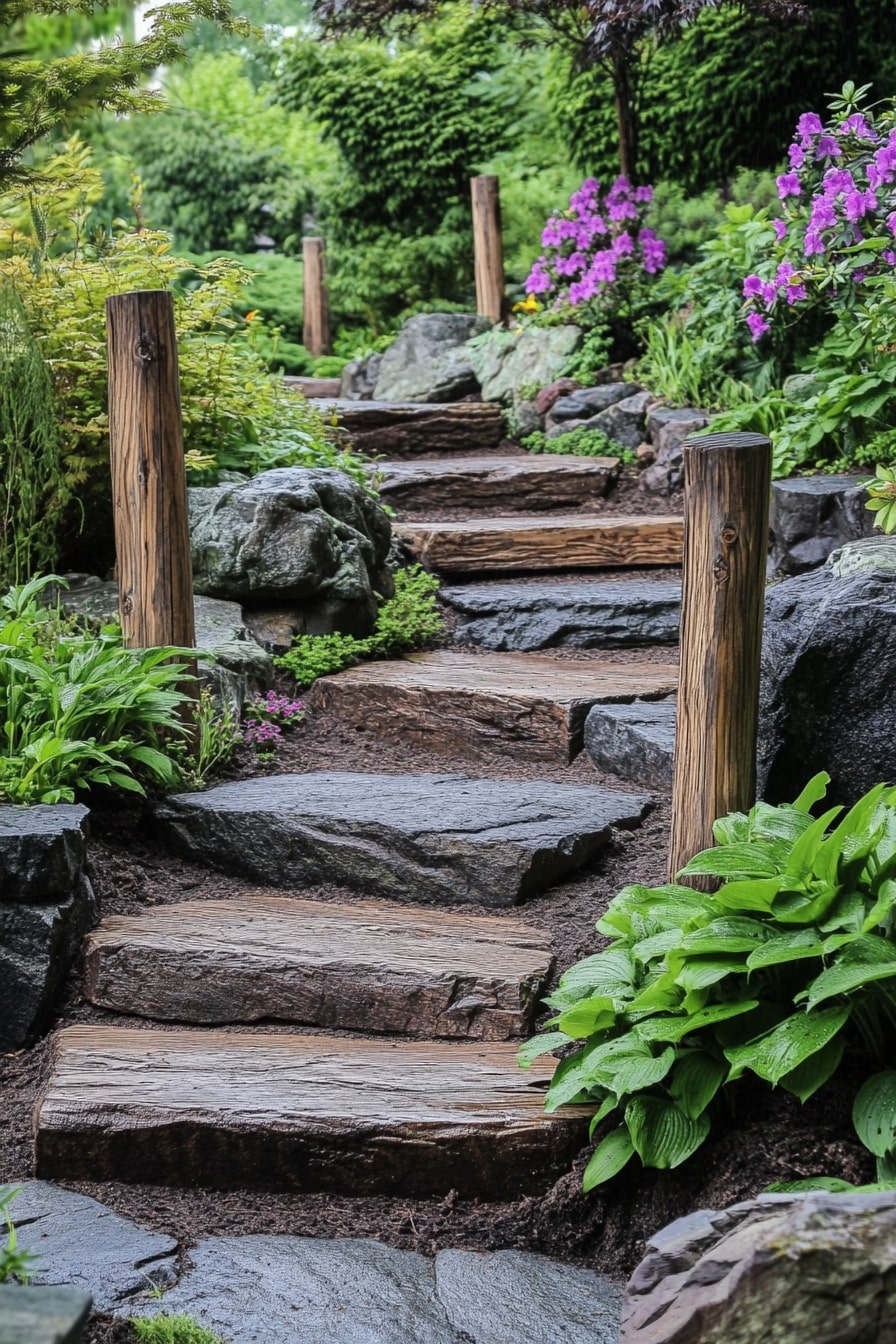 Wood and Stone Steps in a Rock Garden Path