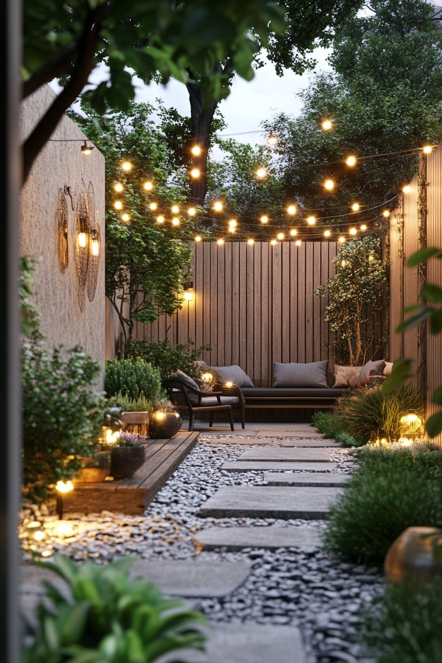  Modern Slatted Privacy Fence with String Lights