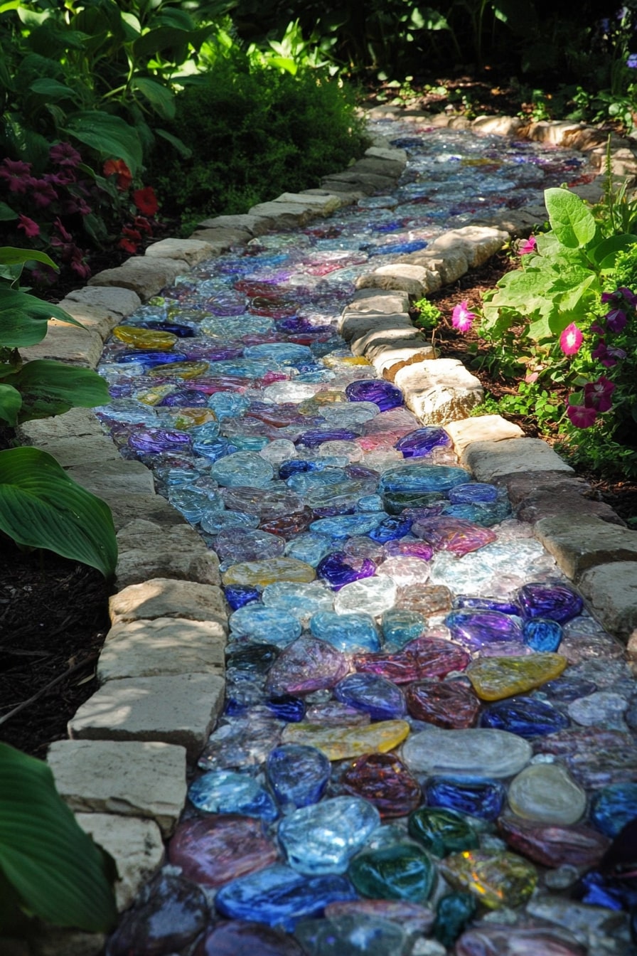 Colorful Glass Pebble Path with Stone Edging