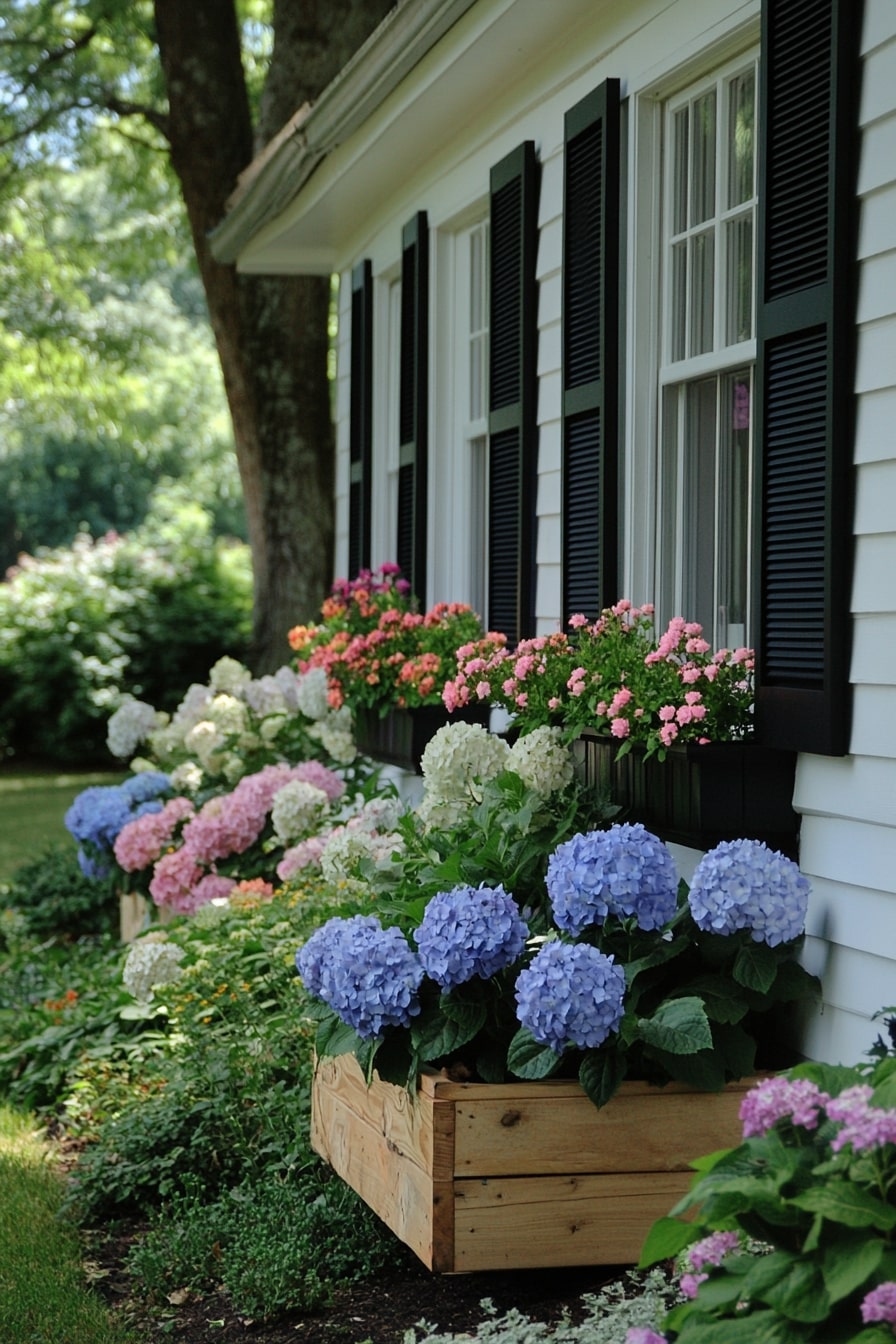 Recycled Wooden Planters with Hydrangeas and Petunias