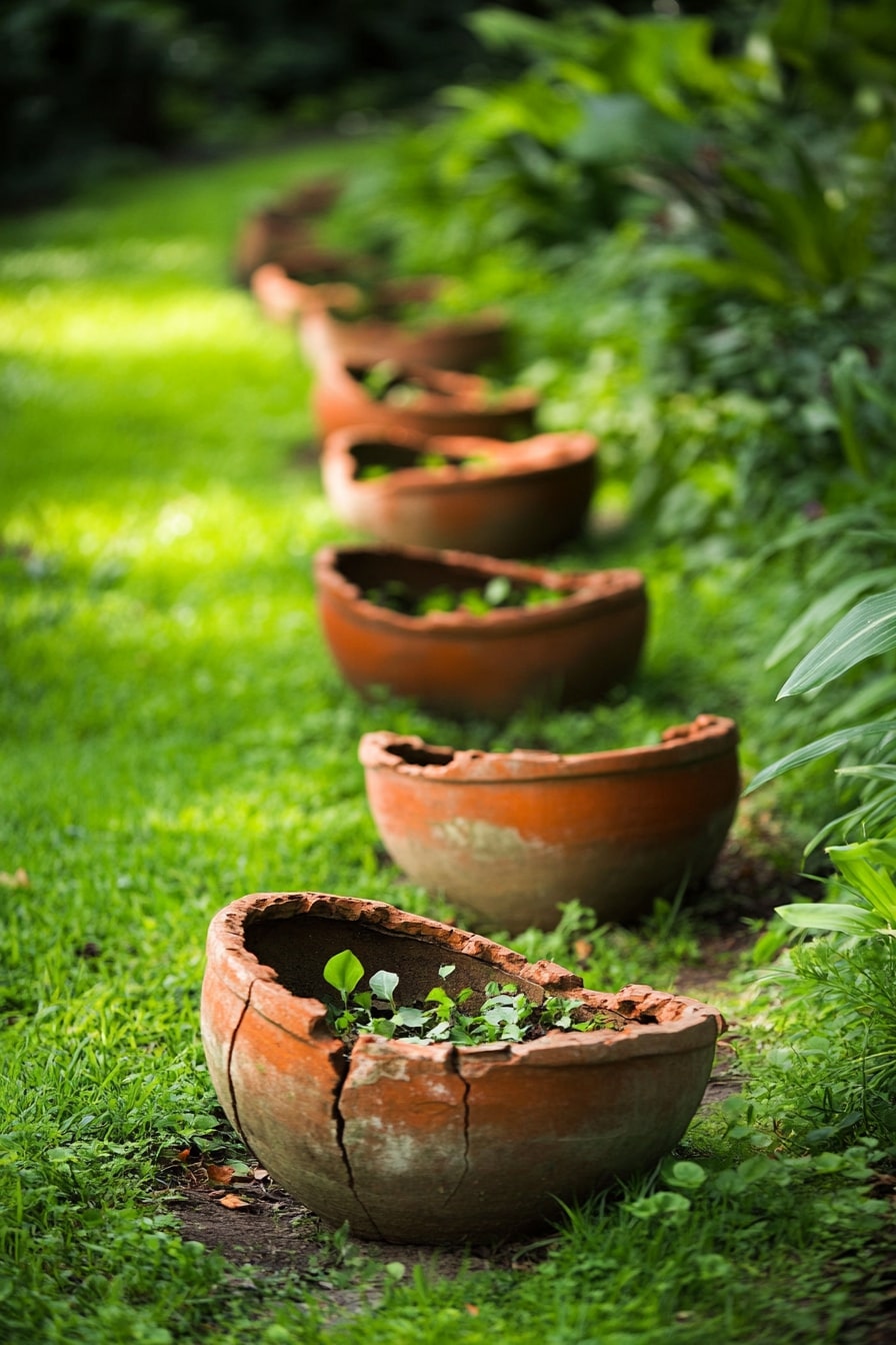 Broken Pot Edging for an Upcycled Garden Look