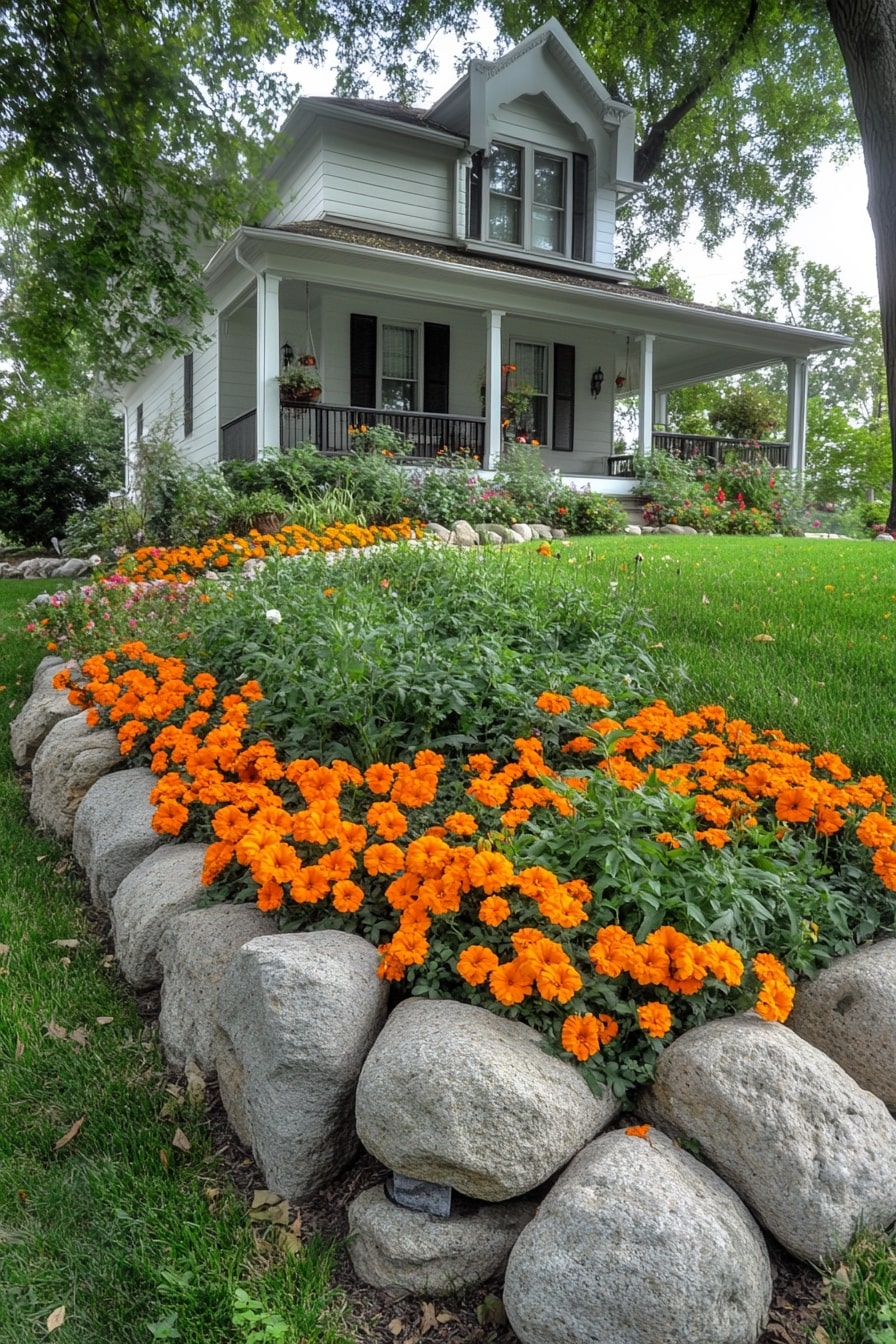 Bold Rock Border with Marigolds
