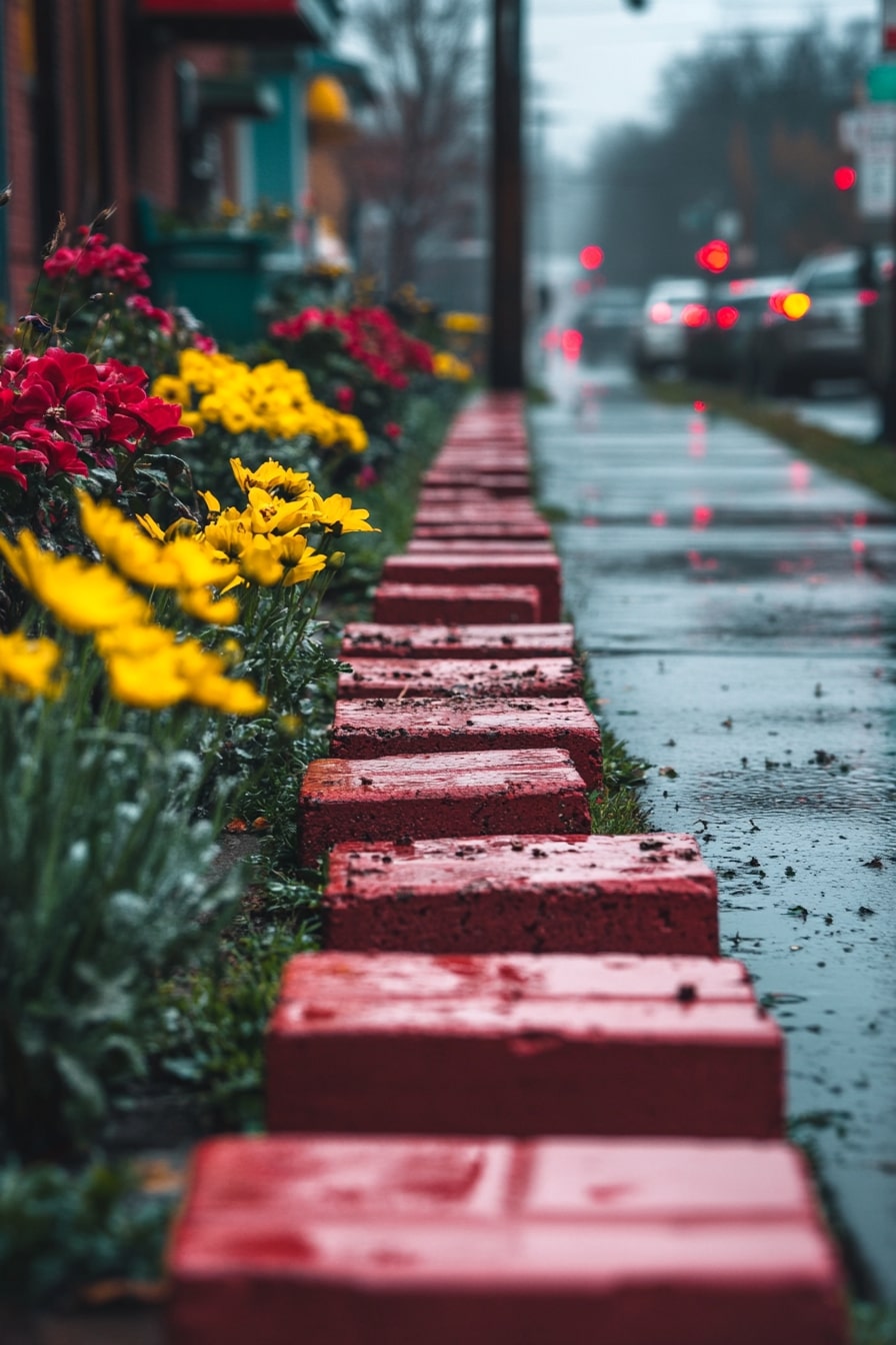 Red Brick Edging with Rain-Kissed Blooms