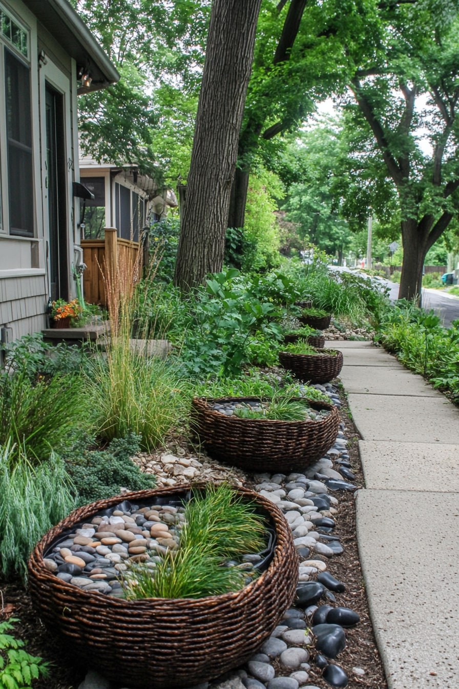 Wicker Basket Planters with Pebble Edging
