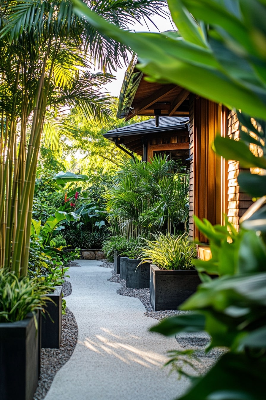 Tropical Modern Pathway with Sleek Planter Edging